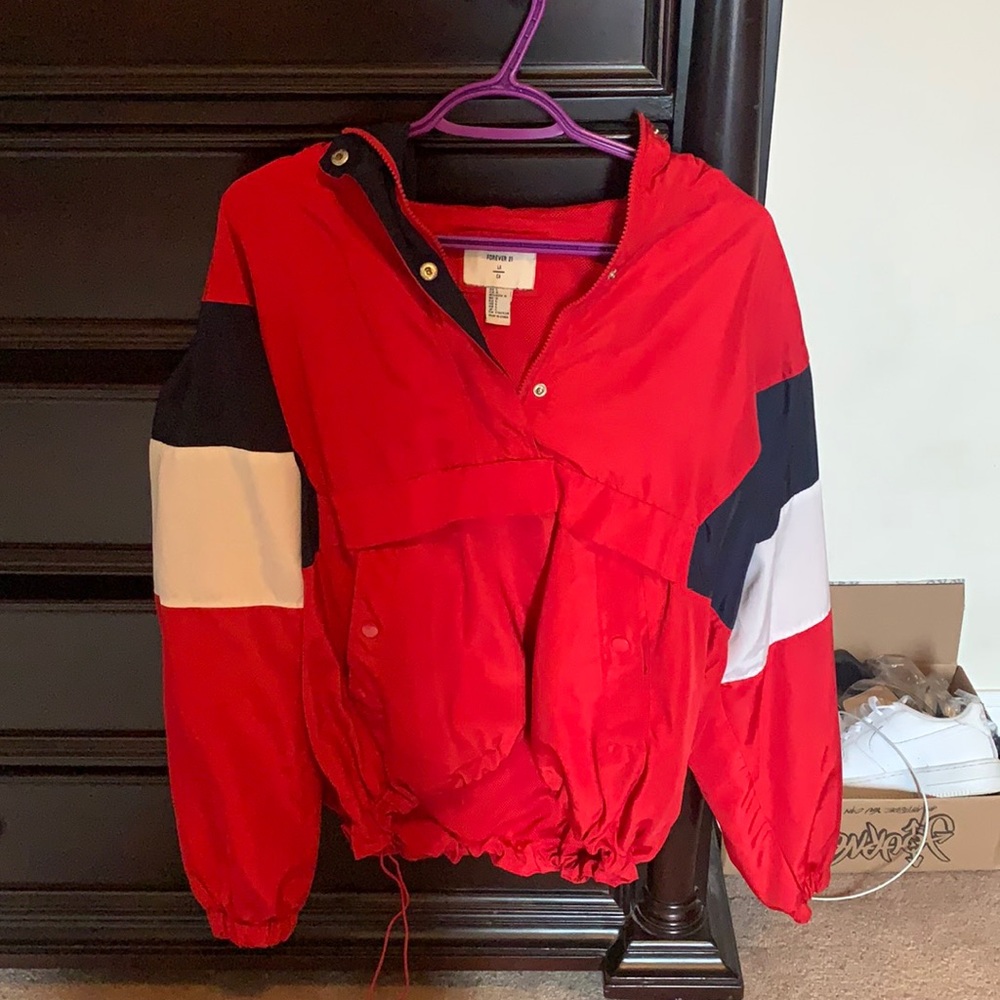 Red white and navy blue windbreaker